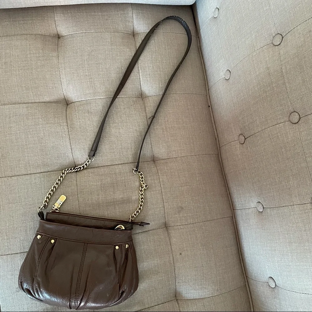 B. Makowsky Leather Crossbody Bag - Small Tan with Gold Chain